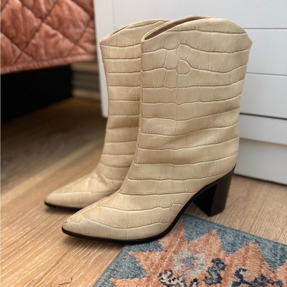 Shoes - Schutz Vonna Cream Croc-Embossed Heeled Boots 8.5